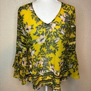 CABI Yellow Green Floral Spring Scene Boho Blouse Bell Sleeve Top Women's Size …